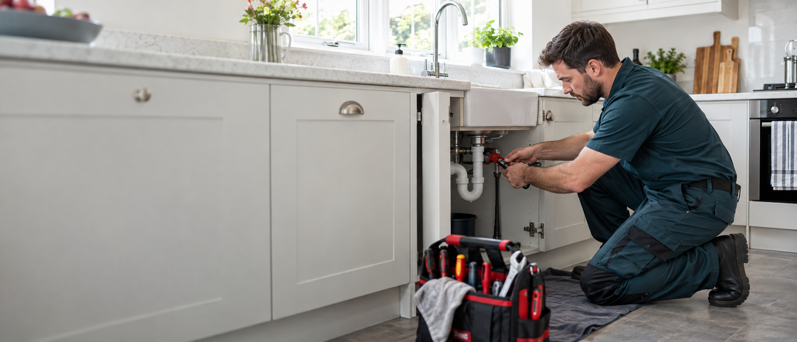 Qualified plumber repairing kitchen pipework