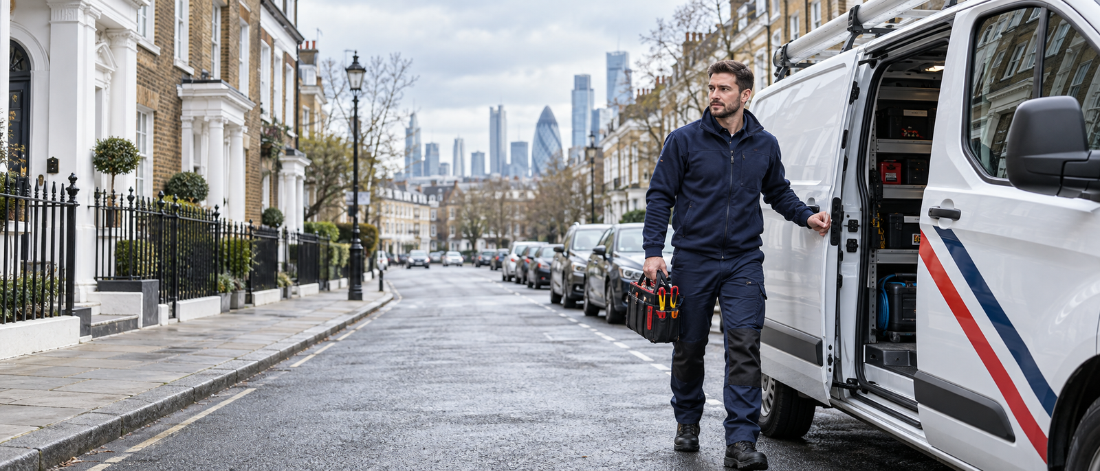 Allround Plumber plumber arriving beside a service van on a London street